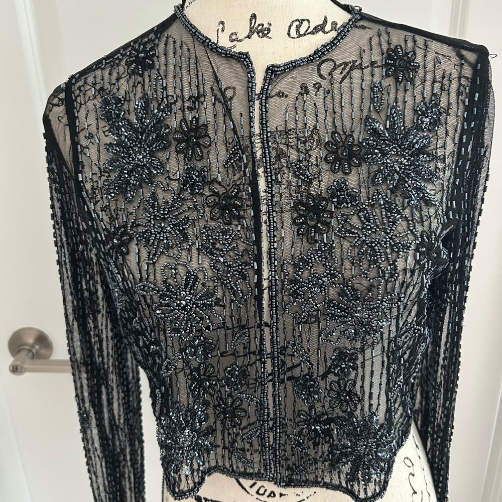 Marina Black Beaded Floral Sheer Top